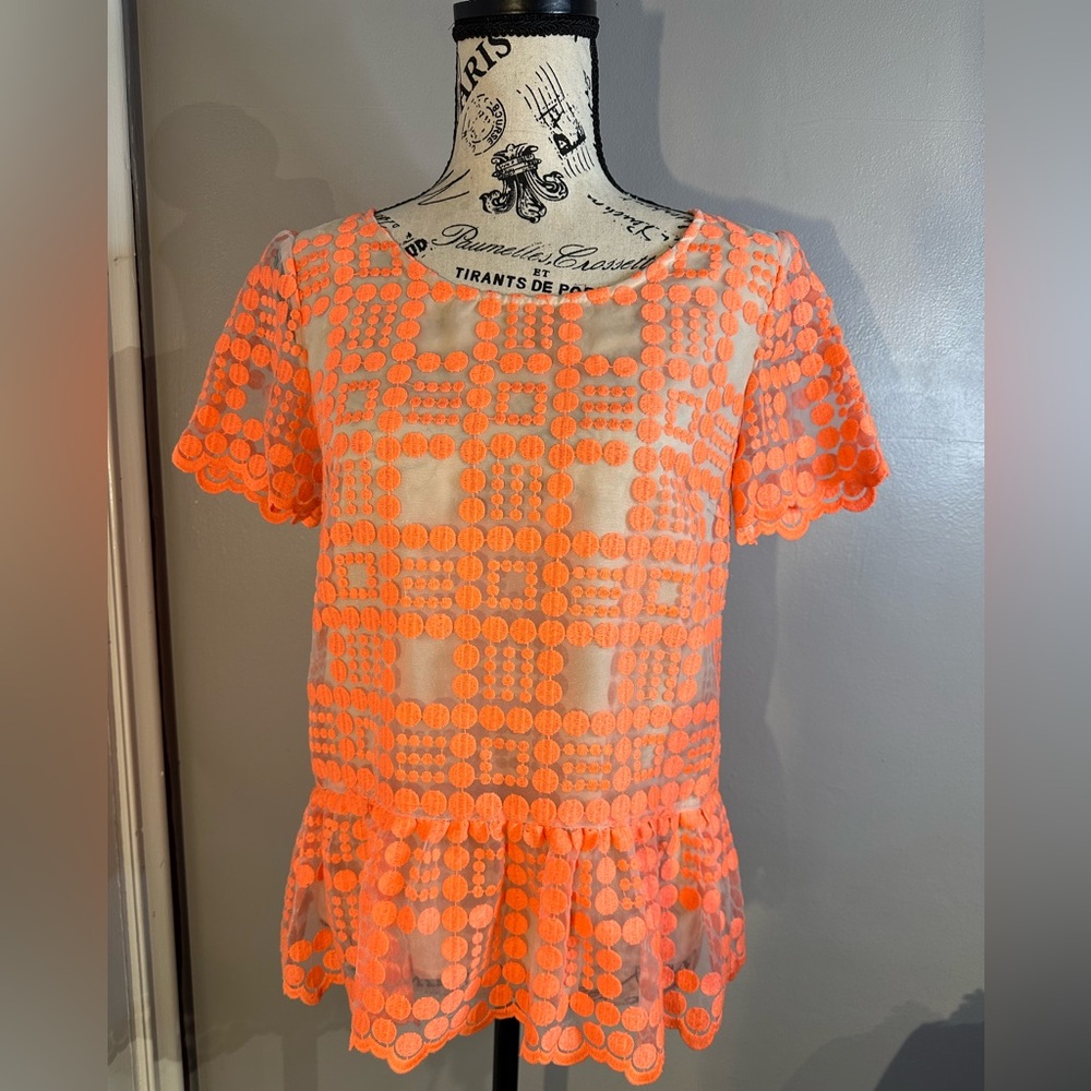 Anthropologie Leifsdottir Embroidered
Dotted Lacepane Peplum Top Orange Size 4